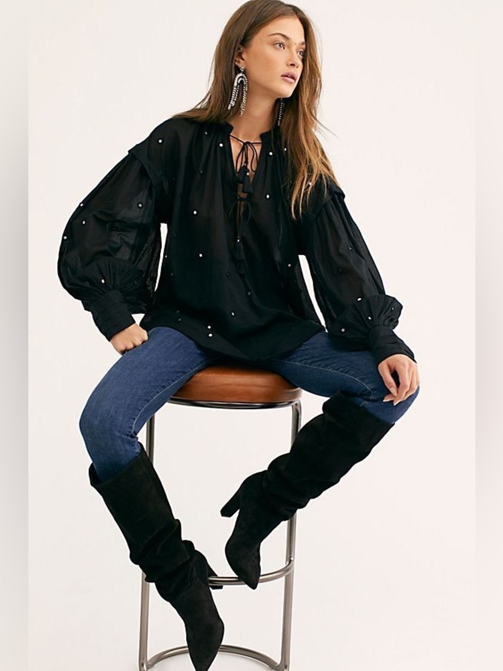 Free People Shine Bright Black Embellished Peasant Blouse XS S
New boho tassel